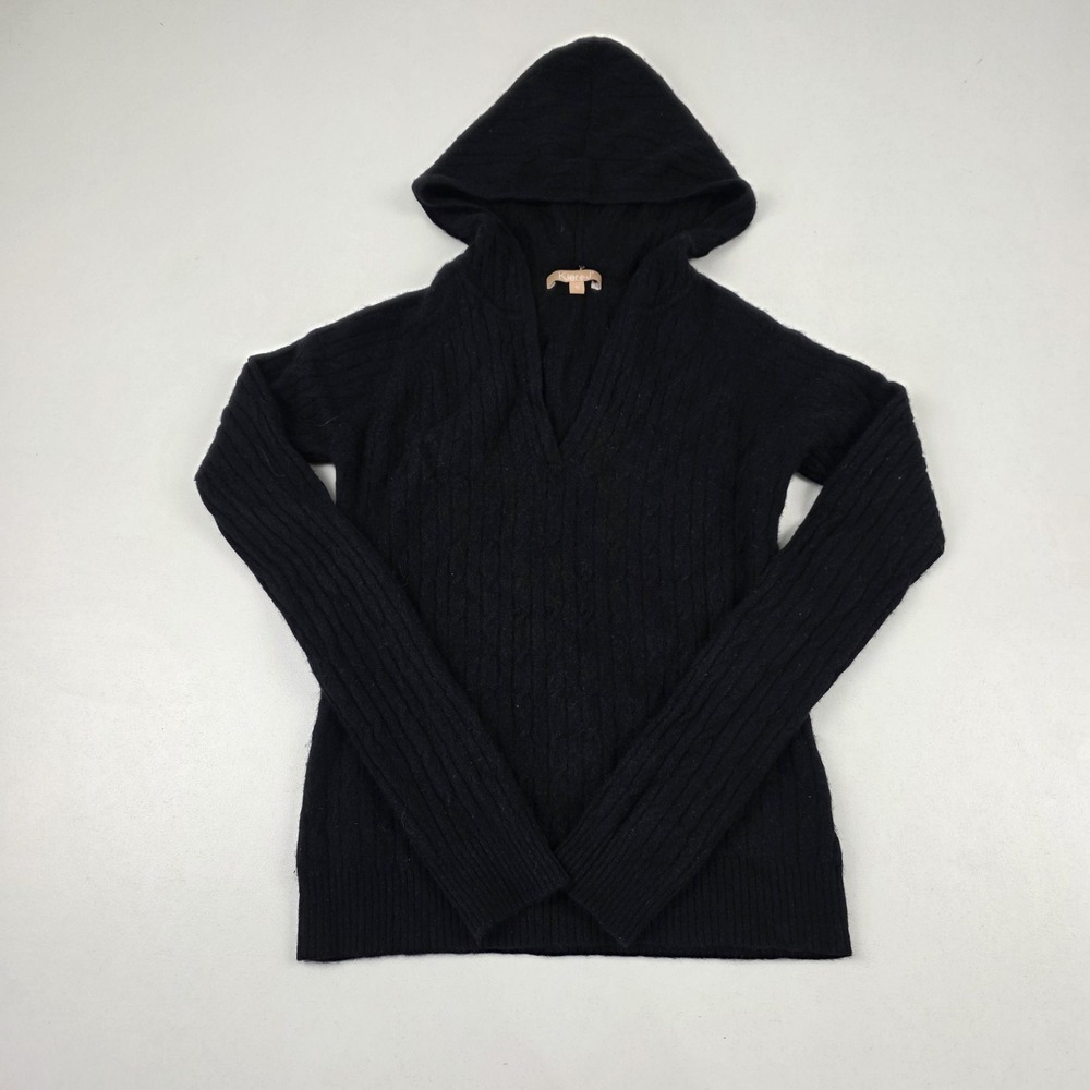 Kier + J Sweater Womens Small Black Cashmere Hooded V Neck Pullover Cable Knit